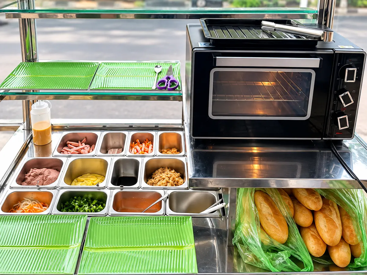 Bán bánh mì cần những dụng cụ gì? Quầy có lò nướng, kẹp gắp và khay nguyên liệu.